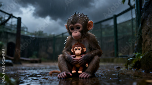 Heartwarming Baby Monkey Cuddles Toy Monkey in Gloomy Enclosure.