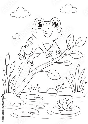 coloring book frog balancing on a branch above the pond