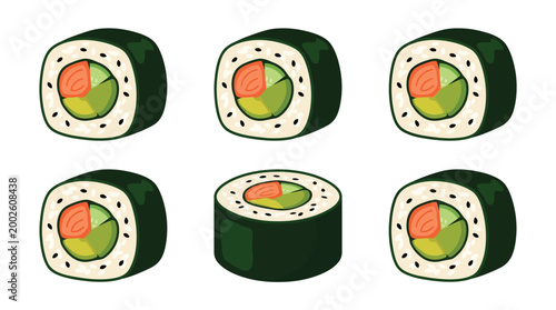 Sushi rolls illustration colorful japanese food pattern on white background