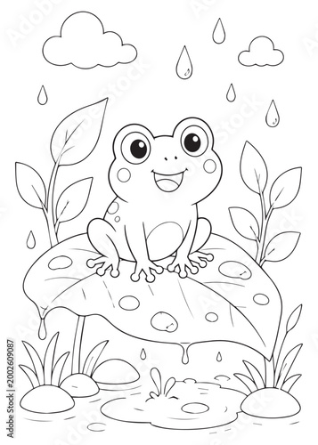 coloring book frog enjoying the rain on a rock