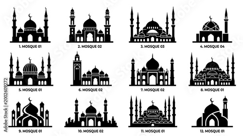 Collection of diverse mosque architectural outlines and silhouettes representing Islamic places of worship worldwide.