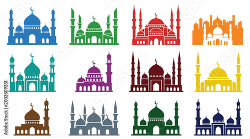 Collection of diverse white mosque icons featuring domes and minarets set against vibrant layered backgrounds