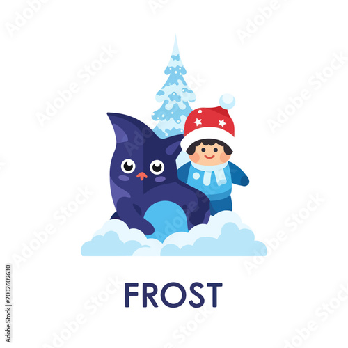 Cartoon cat and child in winter.
