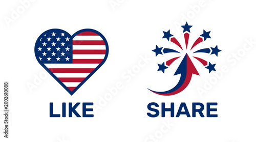 Like and Share icons with American flag heart and fireworks graphic