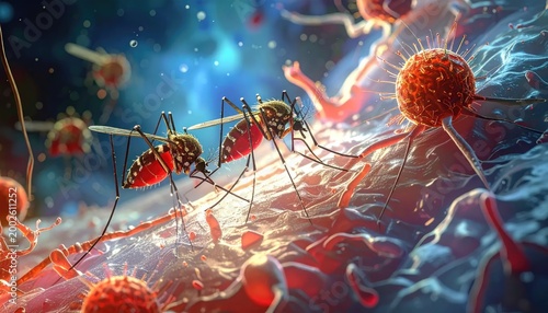 Close up illustration of mosquitoes and cellular structures in detailed composition