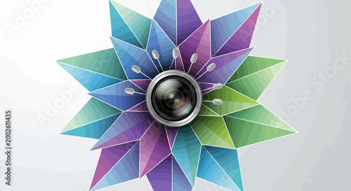 Vibrant abstract design featuring a camera lens in the center of a colorful geometric polygonal flower shape, photography concept