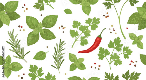 Colorful seamless pattern featuring fresh herbs like basil, parsley, rosemary, and red chili pepper with scattered peppercorns.