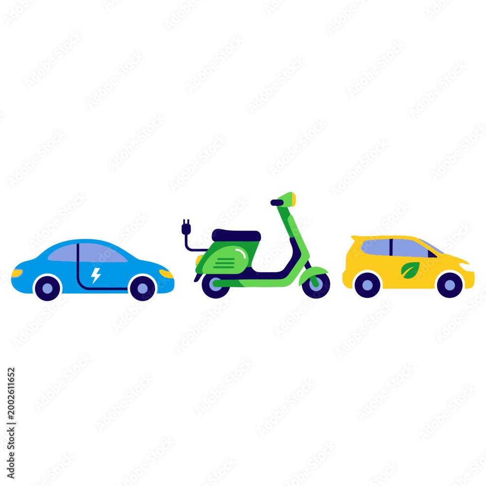Naklejka premium Eco-friendly Electric Vehicles: Car, Scooter, and Hybrid Car