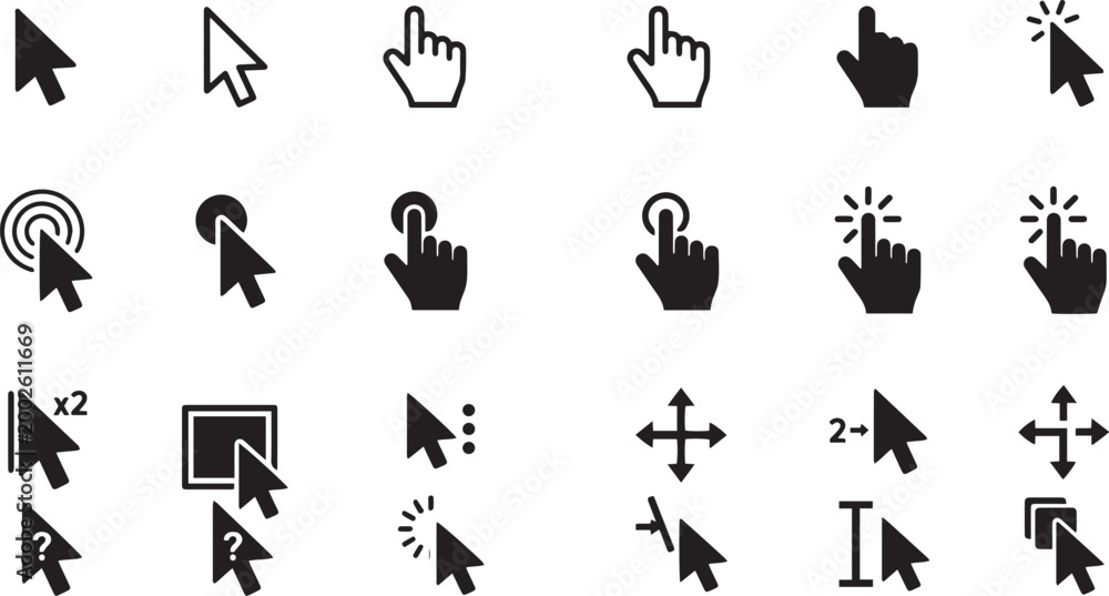 Fototapeta premium Computer Mouse Cursor and Hand Click Pointer Icon Set for Web and Interface Design