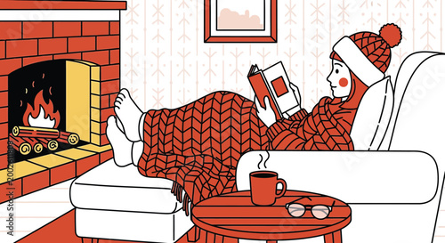 Embrace the ultimate winter comfort A woman unwinding with a captivating book and hot beverage by a crackling fireplace in her cozy living room