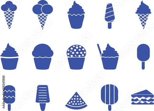 Blue Minimalist Ice Cream and Frozen Sweet Treats Silhouette Icon Collection
