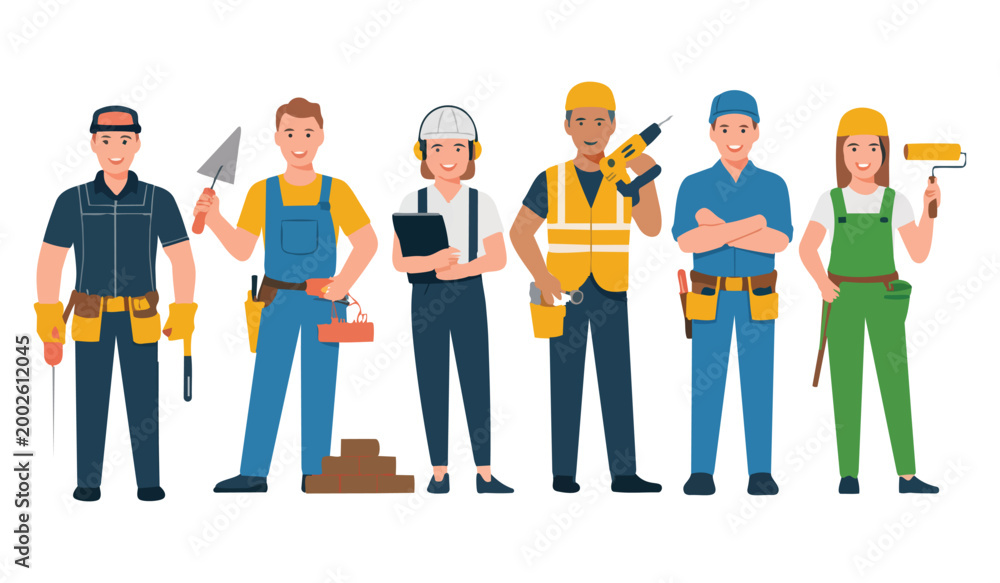 Obraz premium A diverse group of smiling construction workers and handymen stands ready with various tools