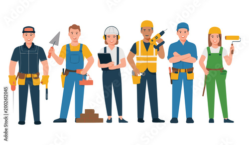A diverse group of smiling construction workers and handymen stands ready with various tools