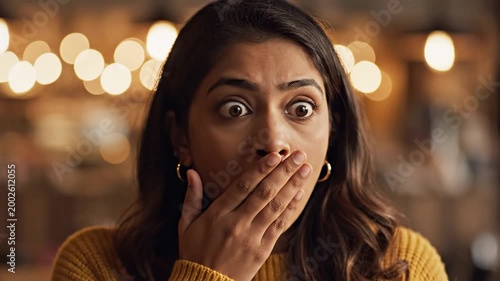 Surprised young South Asian woman with wide eyes indoors