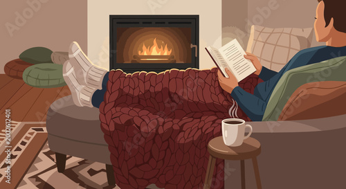Cozy evening with a book and a warm drink by the fireplace