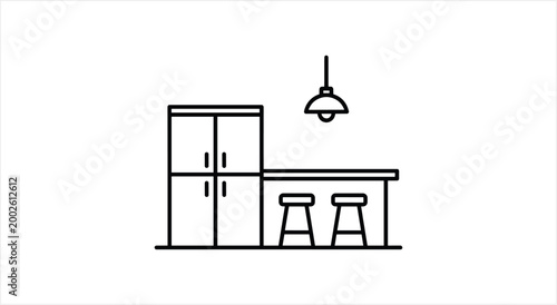 Canvas Print Minimalist Kitchen Interior Design with Bar Stools and Refrigerator