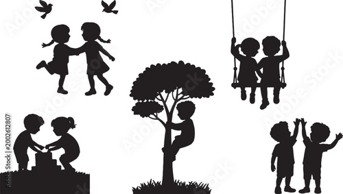Children friendship silhouettes set, kids playing together outdoor vector illustration