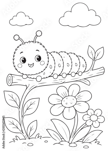 coloring book playful caterpillar exploring a flower topped branch