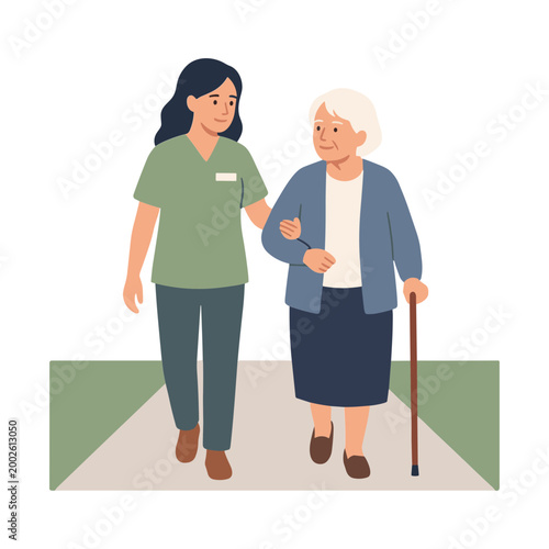 A caregiver assists an elderly woman walking down a path.
