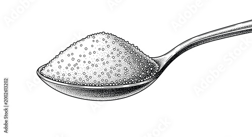 Detailed engraving of a metal spoon overflowing with a large mound of white granulated sugar or salt isolated on white background.