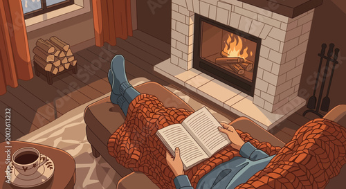 Cozy evening by the fireplace with a book and a warm drink