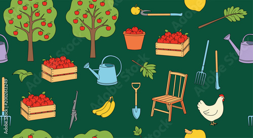 Charming seamless pattern of an apple orchard harvest featuring trees crates of fruit gardening tools and a chicken on dark green.