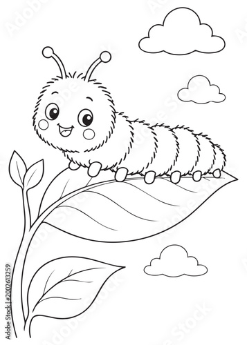 coloring book cheerful caterpillar resting on a fresh leaf