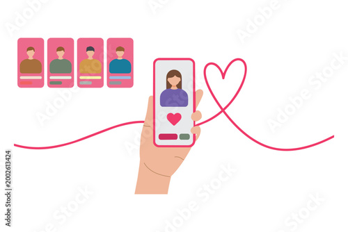 A hand holds a smartphone displaying a dating app profile with multiple match options and a red heart