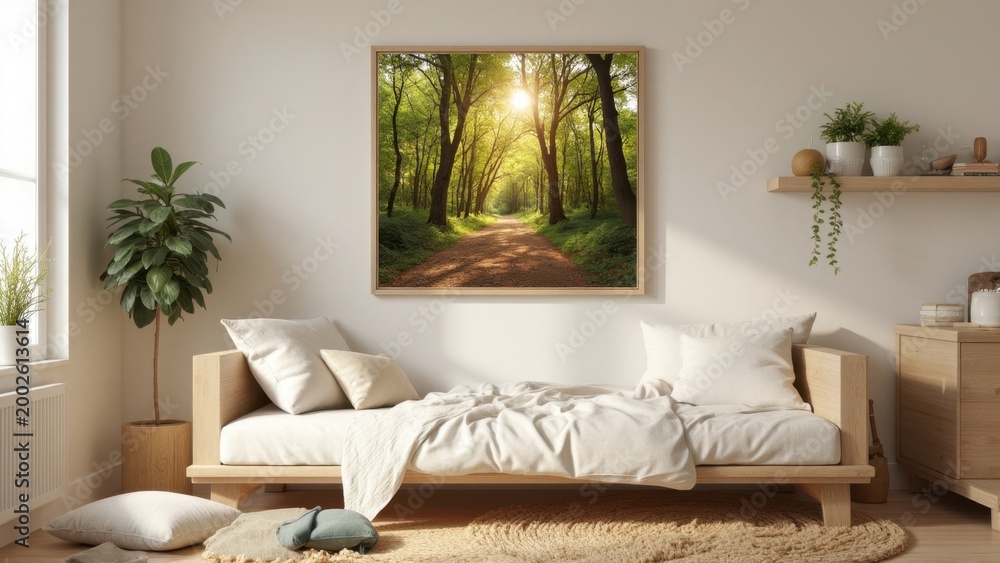 Fototapeta premium Picture of forest path hanging on wall in bedroom, creating a peaceful and natural ambiance.
