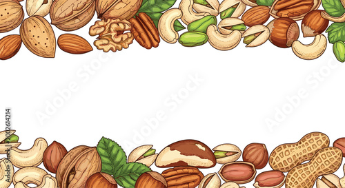 Rich frame border composed of various healthy nuts including walnuts almonds cashews pistachios and peanuts for nutritional concepts.