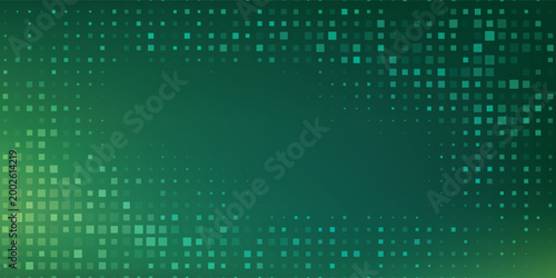 Abstract digital design with small square elements fading across a green gradient. Ideal for data and tech visuals