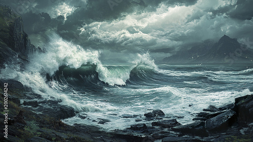 Raging ocean wave crashes violently against rocky shore under stormy sky with dark clouds and distant mountains, creating dramatic and powerful seascape scene