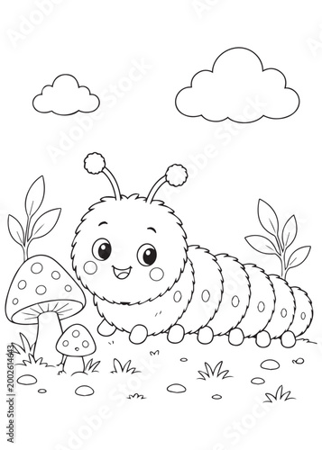 coloring book cute caterpillar meeting mushrooms in a grassy patch