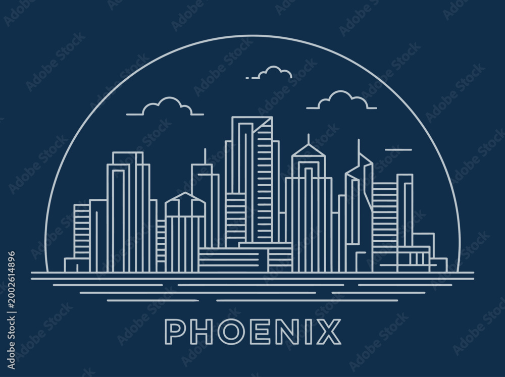 Fototapeta premium Phoenix Arizona City Skyline Line Art Illustration with Skyscrapers and Text on Dark Blue Background - Minimalist Vector Style Urban Landmark
