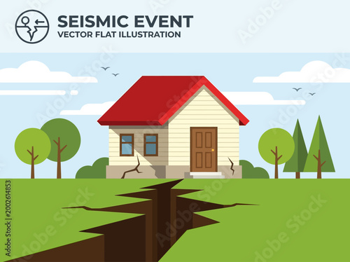Earthquake House Damage Vector Illustration - Seismic Event Concept with Ground Fissure and Foundation Cracks