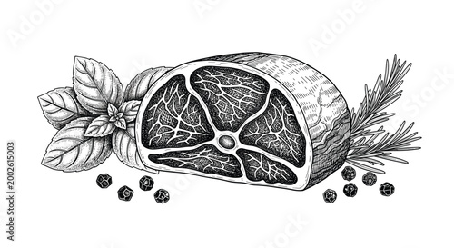 Beef steak or ham piece with basil rosemary and pepper spices engraving style illustration on white background for butchery shop.