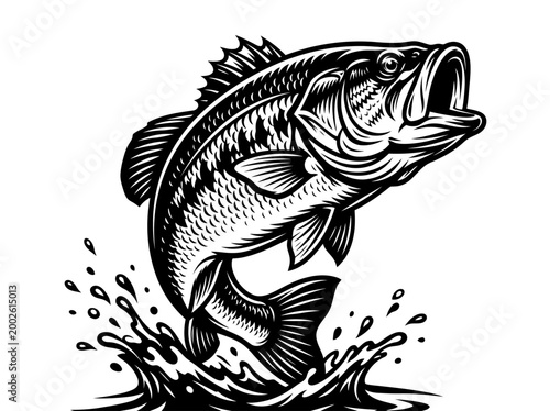 Vintage Largemouth Bass Fishing Illustration - Retro Black and White Jumping Bass with Water Splash Graphic