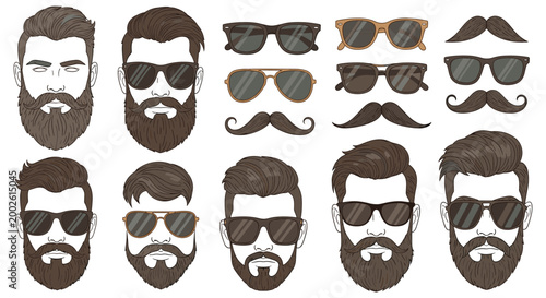 Hipster male portraits set with various hairstyles beards mustaches and sunglasses on white background for barbershop branding.