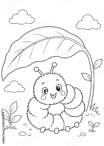 coloring book cozy caterpillar resting beneath a big leaf
