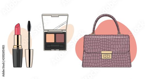 Women accessories set with lipstick mascara eyeshadow palette and leather handbag on colorful background for fashion and beauty.
