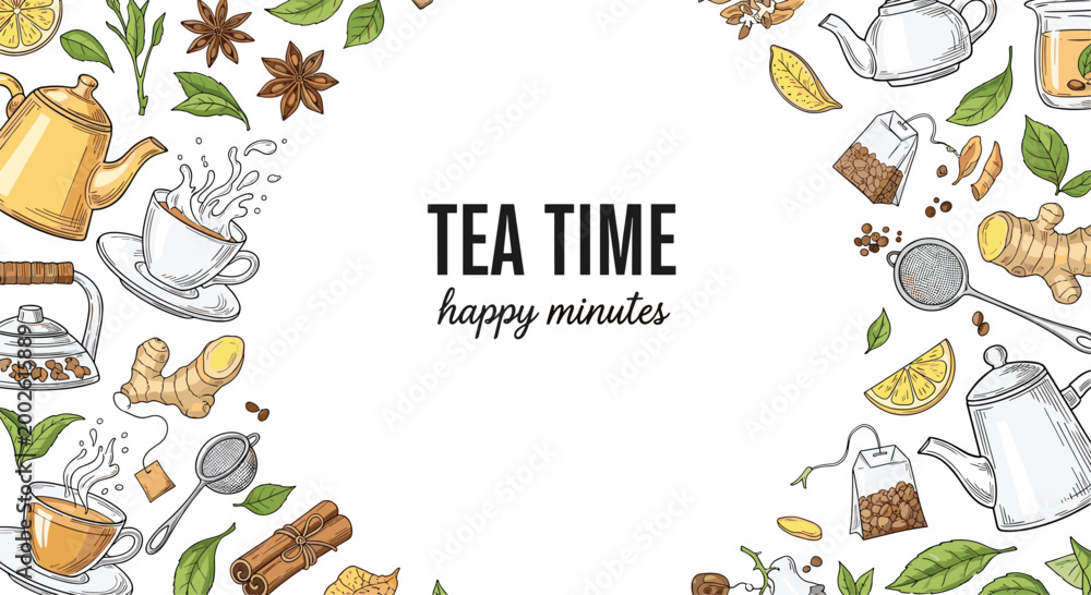 Fototapeta premium Tea time border with teapots cups tea leaves ginger and spices colorful hand drawn illustration set for cafe menu design.