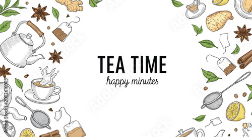 Creative tea time layout with hand drawn sketches of teapots, cups, lemons, and spices surrounding central text.