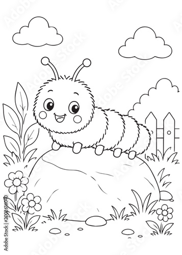coloring book brave caterpillar balancing on a rock near the fence