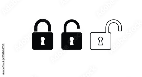Security concept graphic showing a closed padlock, an open padlock, and an unlocked padlock icon