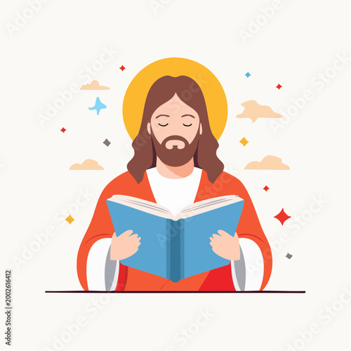 Jesus Reading a Book with Halo and Clouds