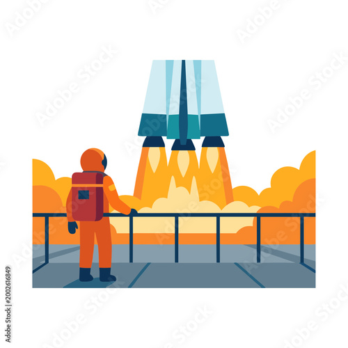 Astronaut prepares for rocket launch on observation deck at spaceport