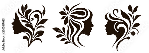 A set of three black woman profile silhouettes with flowing floral and botanical hair decorations on transparent background. Ideal for layered design projects and print-on-demand.