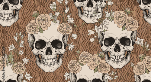 Unique seamless pattern of human skulls adorned with roses and lilies over a decorative geometric background.