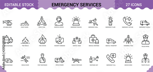 Emergency services icon set showcasing medical response units fire rescue teams and police patrol.