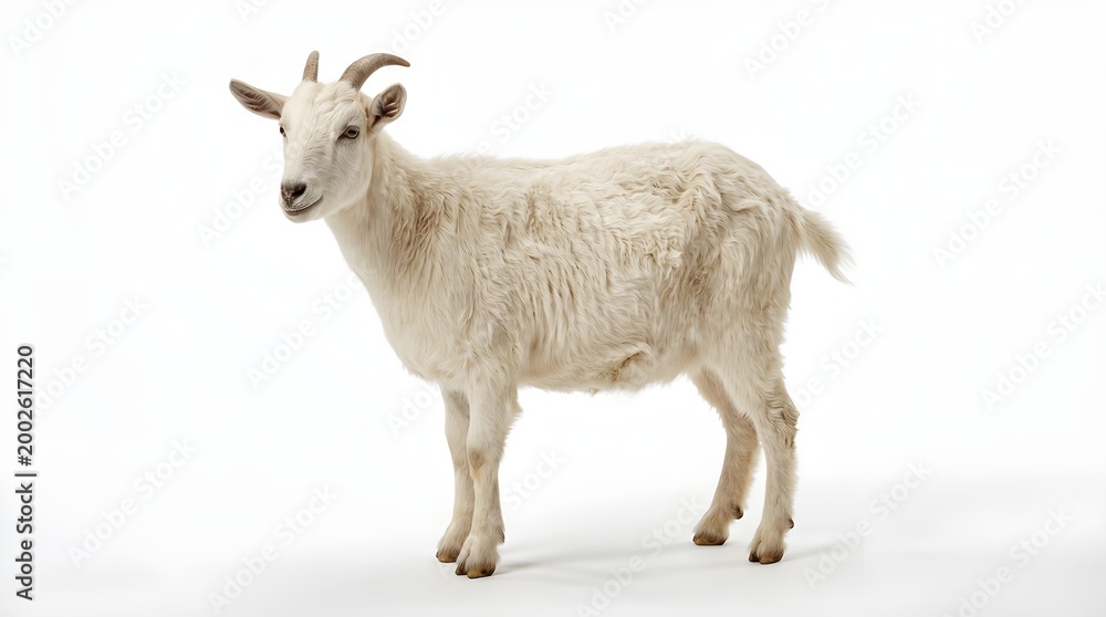 Fototapeta premium The white mountain goat is standing on a plain.